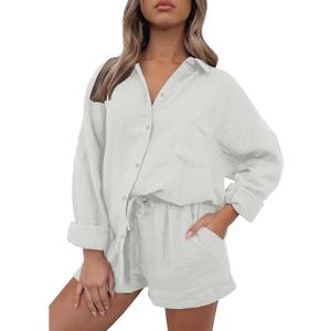 Linen Sets for Women 2 Piece Button Down Long Sleeve Shirts and Drawstring Shorts Set Matching Summer Lounge Sets (Medium, White)
