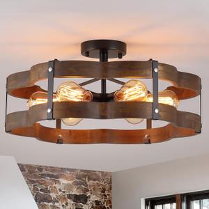 6-Light Rustic Farmhouse Wood Flush Mount Ceiling Light Fixture 20 inch Oak Wood and Metal Cloud Cage Semi Flush Mount Ceiling Light for Hallway Entry Dining Farmhouse Bedroom Living Room, Black, Large 6 lights