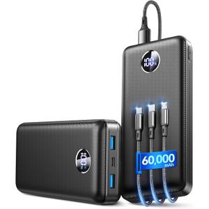 Portable Charger Power Bank - 60,000mAh Battery Pack, 22.5W Fast Charging Phone Charger Attached USB-C/iOS/Micro-USB Cable, Powerbank for iPhone 17 16 15 14 13 Samsung, for Travel Camping Essentials