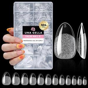 UNA GELLA Short Oval Almond Fake Nails 504pcs Press on Nails Pre-shape Short Almond Round Gel Nail Tips for Full Cover Acrylic False Nails For Nail Extension Home DIY Salon 12 Sizes False Gelly Tips