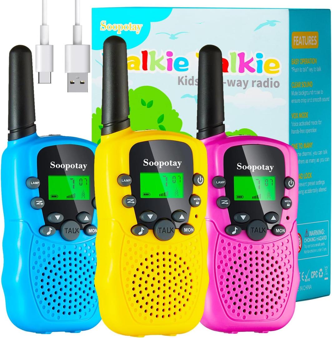 Rechargeable Walkie Talkies for Kids, Walkie Talkie Toys for Girls Boys, Outdoor Toys/Outside Games for Kids Age 4-8-12, Birthday Gifts for 4 5 6 7 8 9 10 Year Old Kids Girl Boys (3PACK, Blue Pink Yellow)