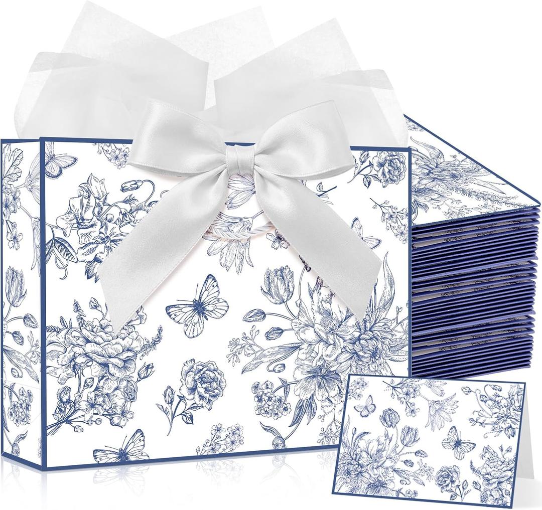 Maitys 12 Pack 13" Large Blue Floral Gift Bags Bulk with Handle, Tissue Papers, Ribbons and Greeting Cards Peony Flower Paper Bag for Mothers Day Wedding Bridesmaid Bridal Shower Birthday Party Favors