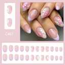 Flower Press on Nails - Short Oval Fake Nails Purple French Tip False Nails Press ons with Floral Design, Glossy Acrylic Nails Full Cover Artificial Glue on Nails for Women Manicure 24Pcs