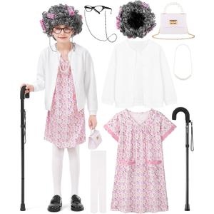 8 Pieces Old Lady Costume for Girls, 100 Days of School Costume for Kids Grandma Wig Granny Dress Cosplay Outifits (11-13 Years, White Cardigan and Pink-white Nightgown)