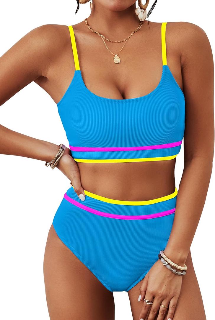BMJL Women's High Waisted Bikini Ribbed Two Piece Swimsuit High Cut Color Block Adjustable Straps Bathing Suit, Medium, Rainbow Blue