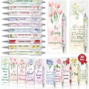 30 Sets Christian Bible Verse Pens Gifts Bulk with Bookmarks Inspirational Scripture Pens Religious Ballpoint Pen with Black Ink Floral Design for Prayers Women Church Gifts (Floral)