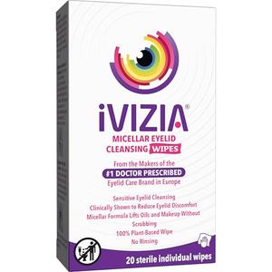 iVIZIA Eyelid Cleansing Wipes for Sensitive Eyelid Cleansing, Preservative-Free, Micellar, No Rinse, Gentle Eye Makeup Remover, 20 Sterile Single-Use Wipes for Eyelids 