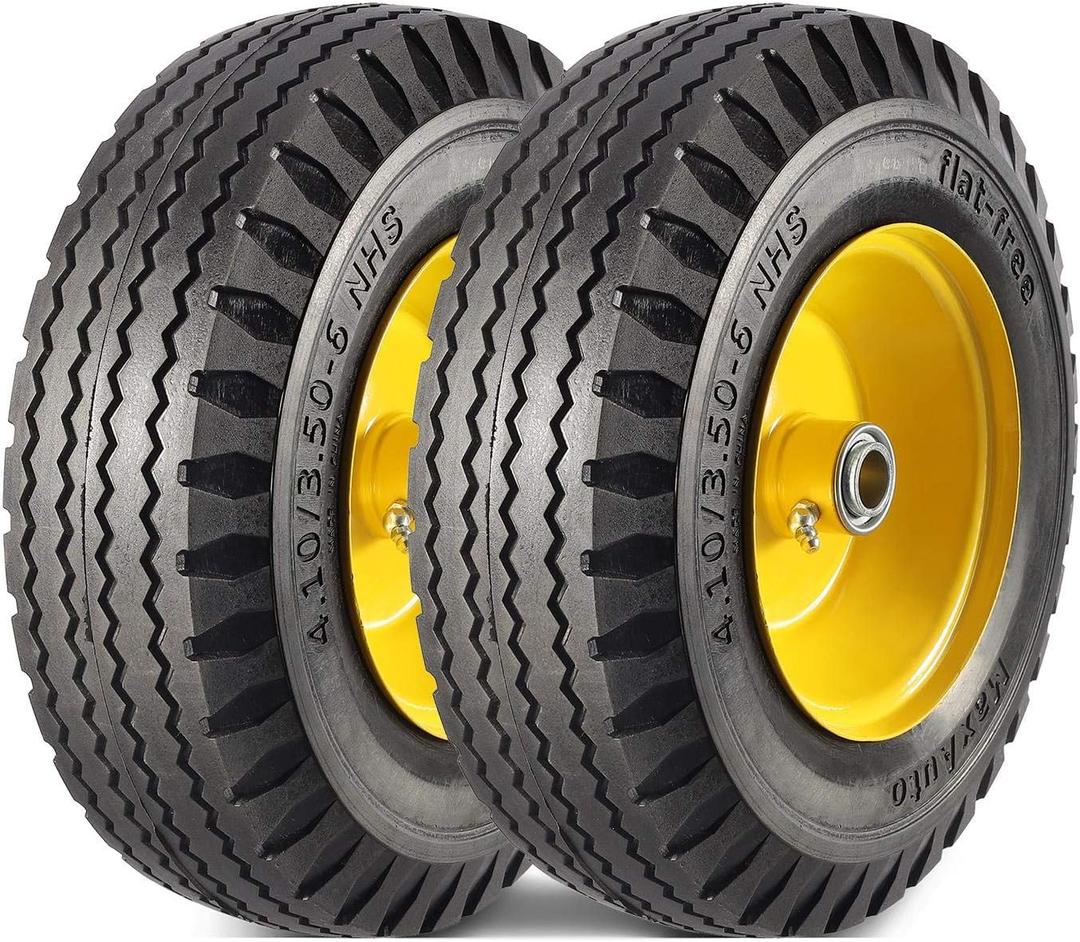 MaxAuto 4.10/3.50-6" Flat Free Tire Replacement for John Deere Mower, Hand Truck/All Purpose Utility Tire on Wheel, 3"-3.5''-4.0''-4.5'' Centered Hub, 3/4" Bearings, Yellow Steel (2 pack), 12.5 inches