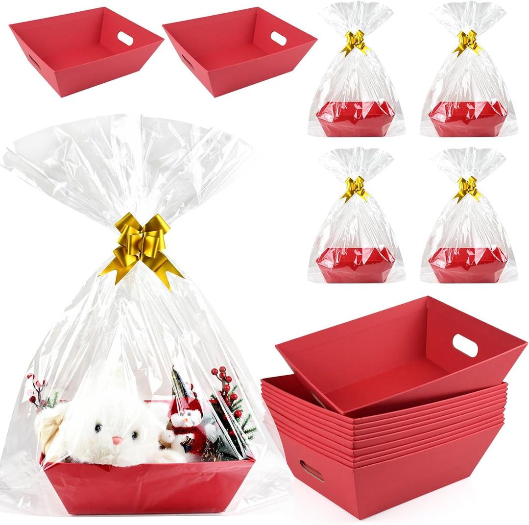 CDIVEFTN 10 Pack Kraft Empty Gift Baskets with Bags and Bows, Large 12x10 Sturdy Cardboard Baskets for Gifts Empty to Fill, Bulk Gift Basket Kit for Christmas, Holidays, Weddings, Birthdays (Red)