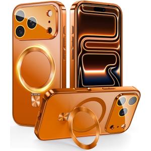 TOBOVON Magnetic for iPhone 17 Pro Max Case with Ring Stand, Fits MagSafe, with Built-in Camera Lens Protector, Slim Electroplated Shockproof Phone Cover, Orange