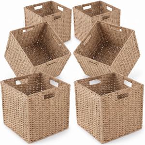 Paper Woven Foldable Storage Baskets 6 Pack, 11.4 Inch Cube Storage Bins, Handmade Paper Material Collapsible Organizer for Shelves & Home Organization, Ideal for Clothes Books Toys Snacks (Natural)