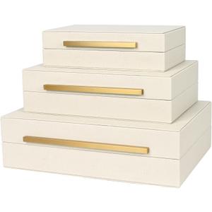Beige Shagreen Decorative Box Set of 3 - Faux Leather Nesting Storage Boxes with Lids, Large Modern Jewelry Organizer, Stackable Home Decor Box for Bedroom, Bathroom & Office
