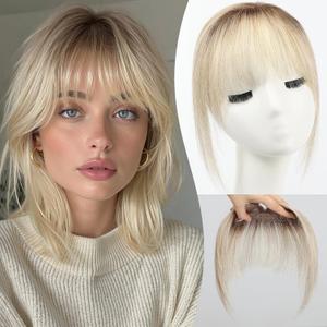 HAIRCUBE Bangs Hair Clip in Bangs 100% Real Human Hair Bangs Clip in Hair Extensions Fake Bangs Air Bangs Hairpieces for woman with Temples 3 Secure Clips in Full Fringe (T4/4/613#)