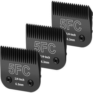 3 Pack 5FC Detachable Dog Grooming Steel Blades,Compatible with Andis,Oster A5,Wahl KM-10 Series,Cut Length 1/4" 6.3MM Black