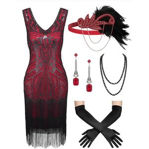SWEETV Women's Vintage Flapper Dress 1920s,Great Gatsby Sequin Fringe dresses with 20s Accessories Set For Party Prom, S