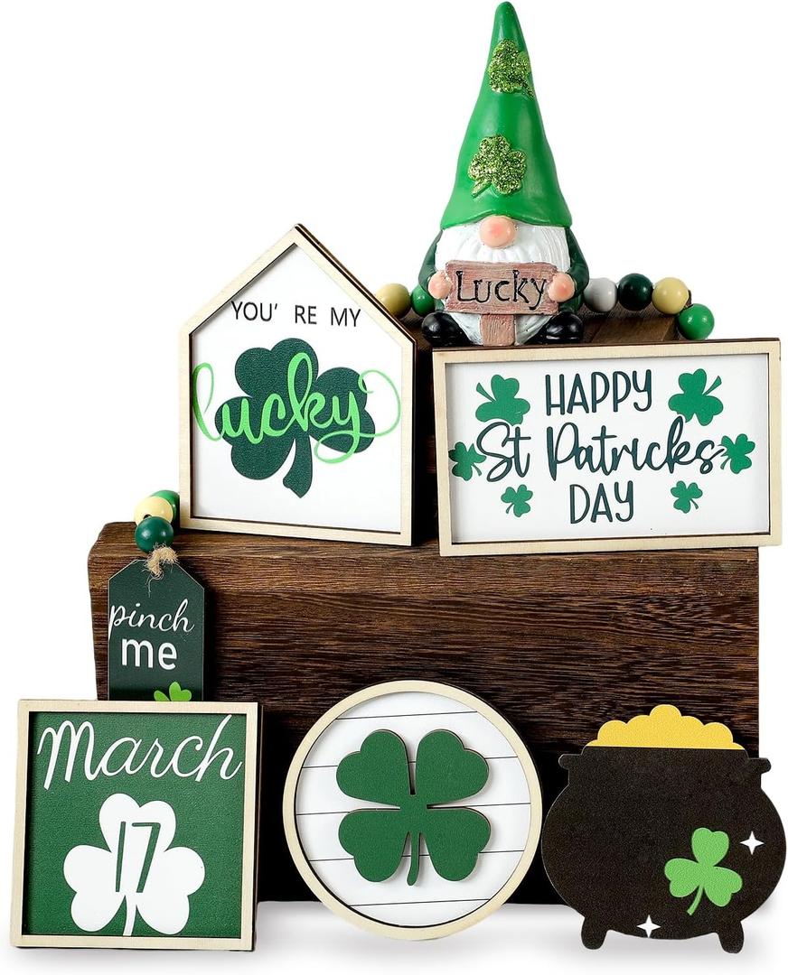 St. Patrick's Day Decorations | 7PCS St. Patrick's Day Tiered Tray Decor | Luck Shamrock Wooden Signs Irish Decor | Green Gnomes Decorations for Home Table Shelf Party | Irish Gifts