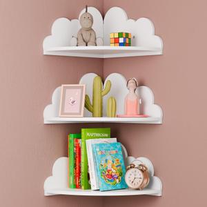 Cloud Floating Corner Shelves - Set of 3 for Kid's Room, White Nursery Wall Decor, Small Cute Display Shelf Mounted for Toys, Plants & Storage