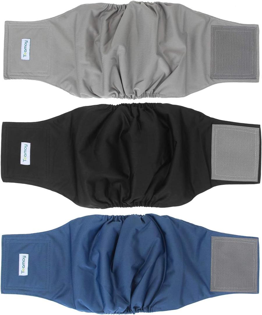 Teamoy 3 Pack Male Dog Diaper Wrap with Gray Lining, Washable Puppy Belly Bands, Super-Absorbent and Comfortable(M,13"-16" Waist) (Black+gray+dark Blue(gray Lining))