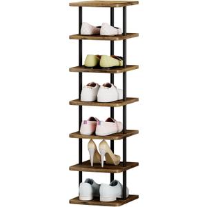 AZERPIAN Shoe Rack 7 Tier Vertical Storage Organizer Narrow Metal Slim Shelf Modern Free Standing Shoe Tower Saving Space for Closet Entryway Bedroom,Black+Rustic Brown