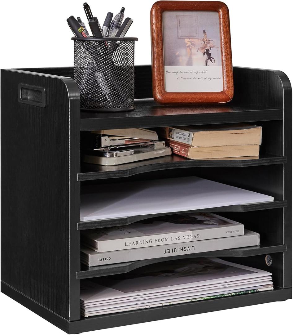 YMYNY Desktop File Organizer with Handle, Document Letter Mail Tray Sorter featuring 3 Adjustable Shelves, 5-Tier Paper Holder for School, Home, or Office Desk, Black, 13.4 x 12.4 x 9.06" UHBC006B (Black)