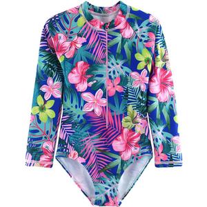 Girls Long Sleeve Swimsuit One Piece Bathing Suit Zipper UPF 50+ Rash Guard Swimwear Size 3-12T, 2XL