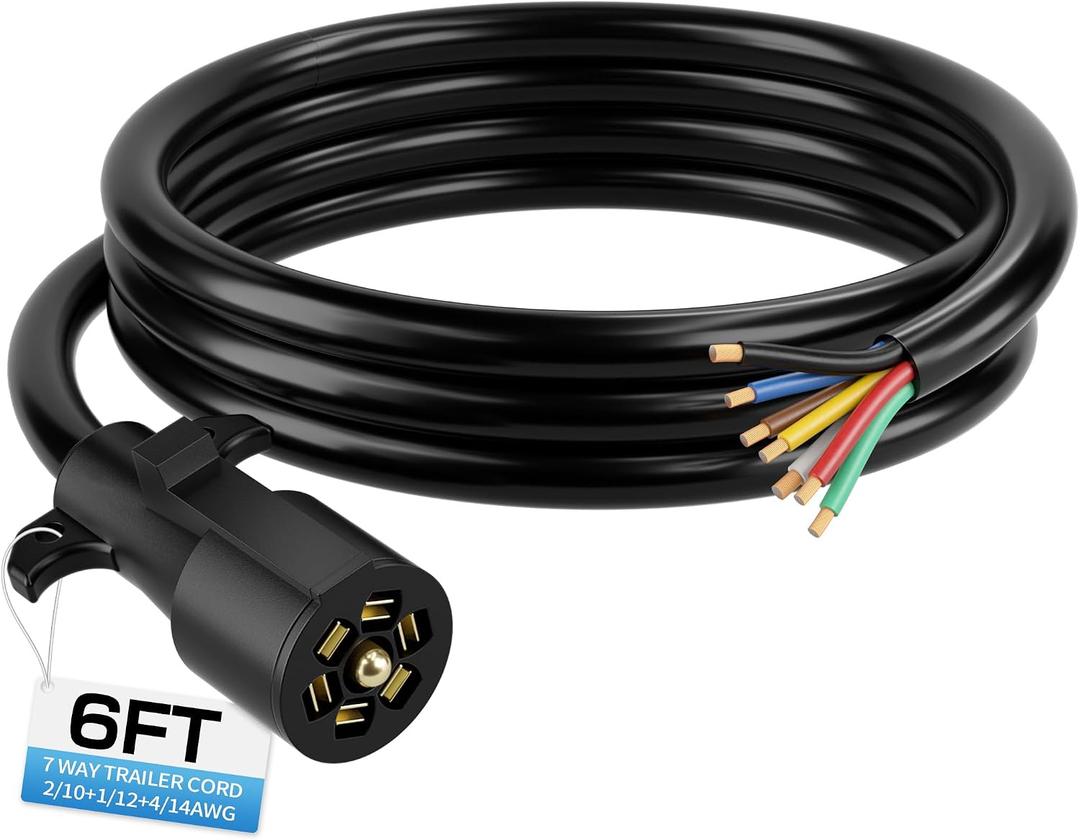 Deluwire 6 FT 7 Pin Trailer Plug, Heavy Duty Trailer Wiring Harness, 7 Way Trailer Cord with Double Prongs Connector for Trailers, RVs, Campers