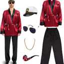 Halloween Red Silky Robe Jacket Costume Set Men's Captain Outfit with Hat Sunglasses Chain Funny Adult Party Cosplay (Large)