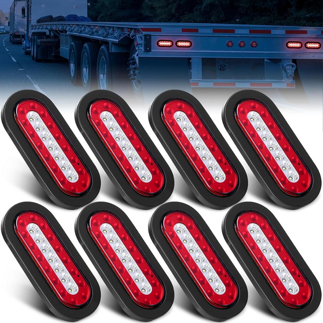 Sumind 8 Pcs 6" Oval LED Trailer Tail Lights, 24 LED Trailer Marker Lights 12v Brake Stop Ip67 Waterproof Sealed Flush Mount for Truck Rv Boat (Red and White)