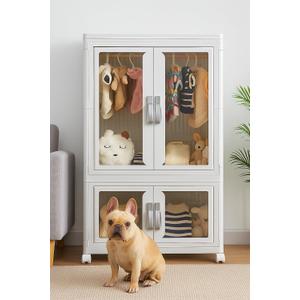 Pet Clothing Storage Cabinet with Hanging Rod Foldable Plastic Storage Bin 2-Tier Dog Clothes Organizer for Small Pets Lightweight, Waterproof Portable Cat Wardrobe Closet