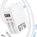 67W Retractable Phone Charger Wall Plug,4 in 1 Retractable Wall Charger with Dual Cables &2 Ports&LED Display,PD 30W USB C Fast Charging Block for iPhone 17 16 15 14 13 Pro Max,Galaxy 25 24, Tablet