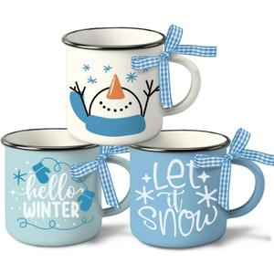 Hello Winter Snowman Mini Coffee Mug Set of 3, Let It Snow Glove Snowflake 5 oz Mini Coffee Cups Tiered Tray Decor, Blue Christmas Holiday Kitchen Coffee Bar Decorations Housewarming Gift