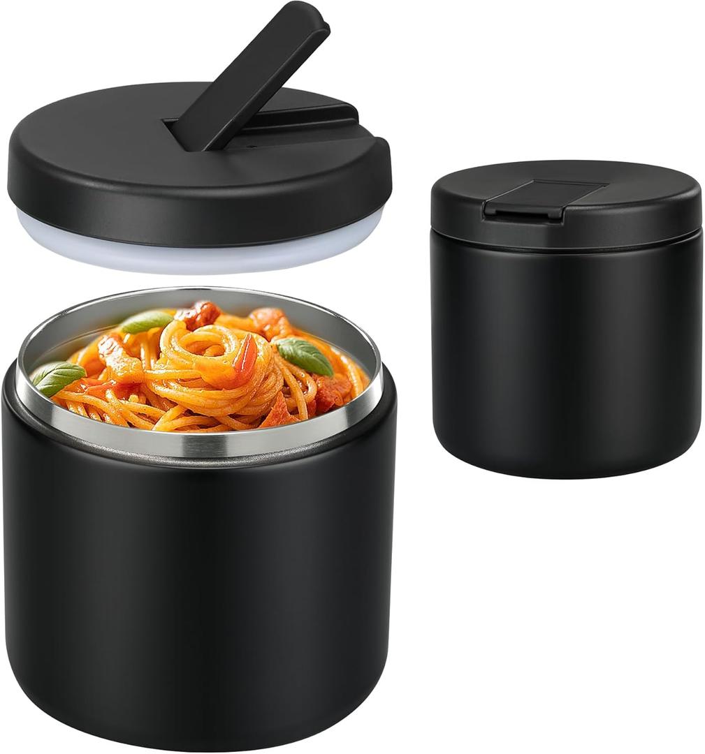 19oz Insulated Vacuum Food Jar with Buckle Lid Wide Mouth Soup Thermo for Hot Food Kids Leakproof Stainless Steel Lunch Container- Black-1Pack (17OZ)