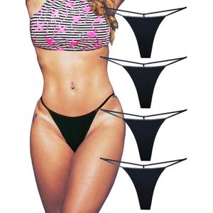 Cotton G String Thongs for Women T Back Gstring Underwear Seamless Panties Tangas Sexy 4 Pack Set (Black), S