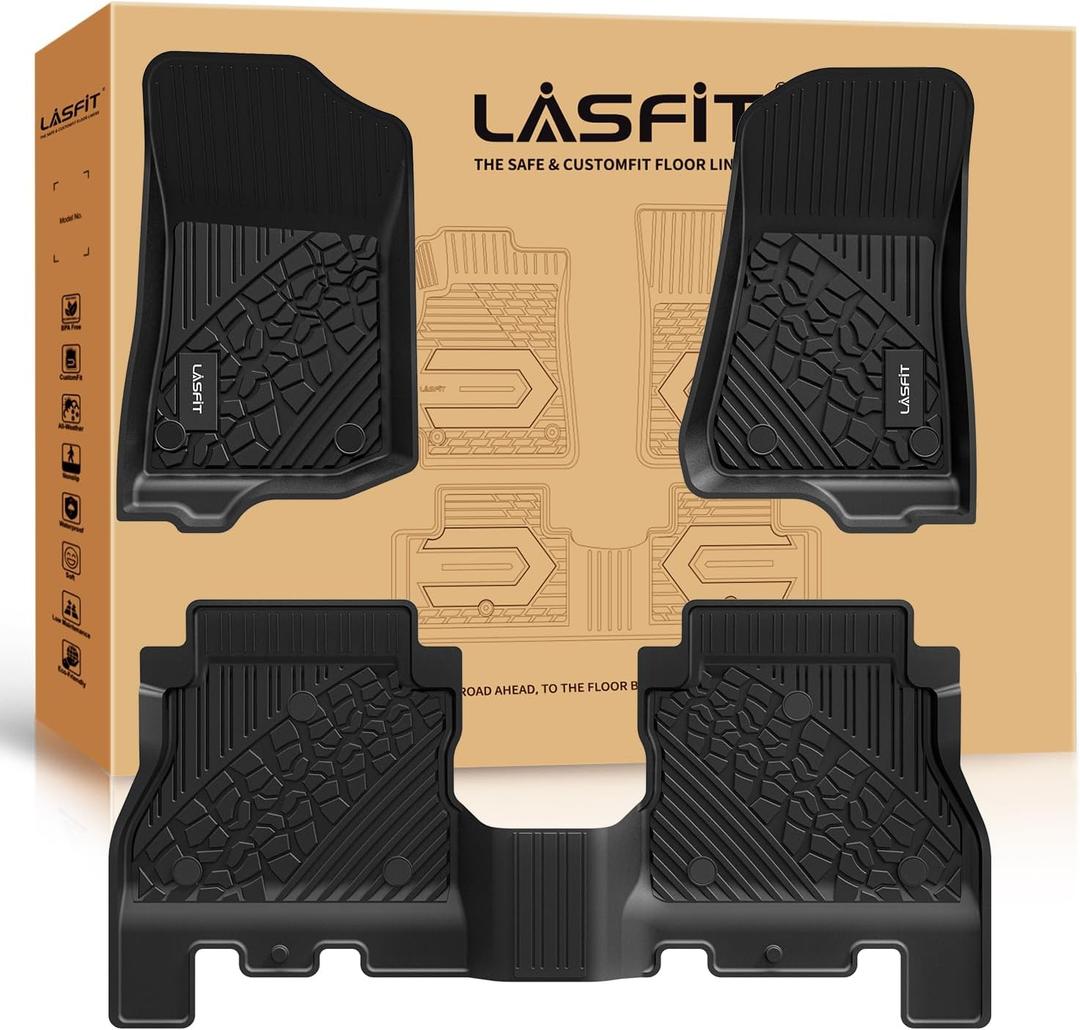 LASFIT Floor Mats for Jeep Wrangler JL 2018-2025 2026 Unlimited 4 Door Gas/MHEV Type (Not Fit for JK or PHEV) All Weather TPE Custom Fit Car Mats Floor Liners 1st & 2nd Row, Black