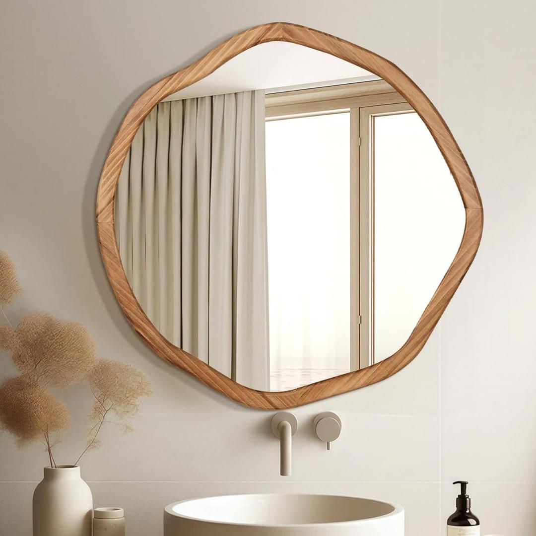 ULIKE Round Wood Mirror 24 Inch Circle Wall Mirror, Asymmetrical Bathroom Vanity Mirror with Wood Frame, Decorative Wall Mounted Mirror for Bedroom, Living Room, Entryway, Rustic Brown ULIKE Round Wood Mirror 24 Inch Circle Wall Mirror, Asymmetrical Bathroom Vanity Mirror with Wood Frame, Decorative Wall Mounted Mirror for Bedroom, Living Room, Entryway, Rustic Brown