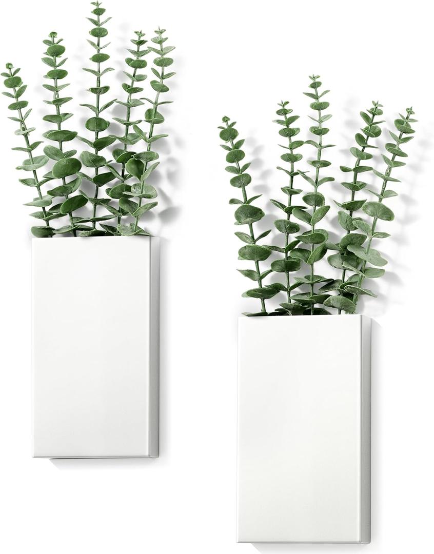 Reallnaive 2 Pack Wall Planters Indoor Plants Metal Wall Vases for Dried Flowers Artificial Plants Modern Farmhouse Vase for Living Room Bedroom Kitchen Decorations (White,Eucalyptus Leaves)