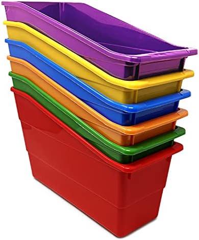 Podzly Vertical File Organizer - Book, Folder, File, Binder and Magazine Holder - 6-Pack Multicolor Bins with Handle - Sorting, Storage and Organization on Shelves or Desks - Classroom and Home Use