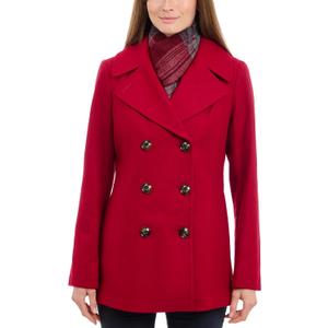 London Fog Women's Double Breasted Peacoat with Scarf, Red, Small