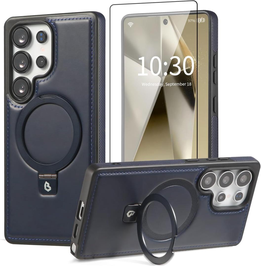 for Samsung Galaxy S25 Plus Case with Stand, Top-Grain Leather Handcrafted Case, Fits for MagSafe (Navy, Samsung Galaxy S25 Plus)