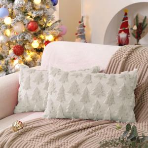 DFXSZ Christmas Tree Pillow Covers 12x20 inch Set of 2 Christmas Decoration Cream White Soft Plush Faux Fur Jacquard Throw Pillows for Bedroom Sofa Holiday Festivals Winter Home Decor PTK006E12