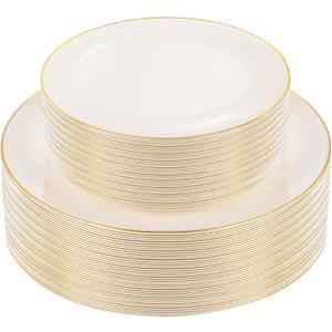 PULOTE 60 PCS Ivory Plastic Plates - Cream Plastic Disposable Include 30 Dinner and 30 Dessert Plates with Gold Rim - Ideal for Party & Wedding