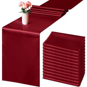 Aneco 16 Pack Satin Table Runner 12 x 108 Inch Burgundy Long Wedding Satin Silk Table Runner for Wedding Banquet Graduations Birthday Party Decoration