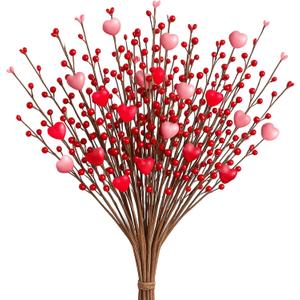 6 Pack Day Mother's Decoration, Artificial Flower Picks Pink Red Heart Shaped Berry Stems for Mother's Day, Faux Berry Branches Decoration for Home Wedding Candlelight Dinner Anniversary Party Decor