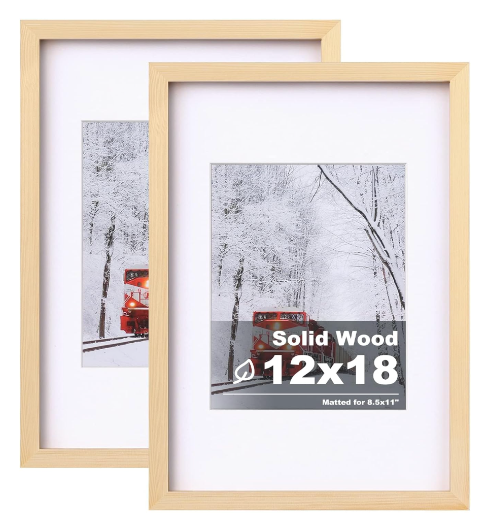 Egofine 12x18 Poster Frame Set of 2 Solid Wood Frame with Plexiglass Matted for 8.5x11 for Wall Mounting Hanging Picture Frame Vertically or Horizontally, Natural Wood