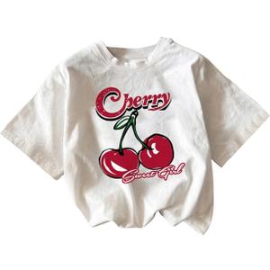 Women's Cherry Print Tee Shirt Short Sleeve Crew Neck Drop Shoulder Vintage Tee Tops (White, XS)