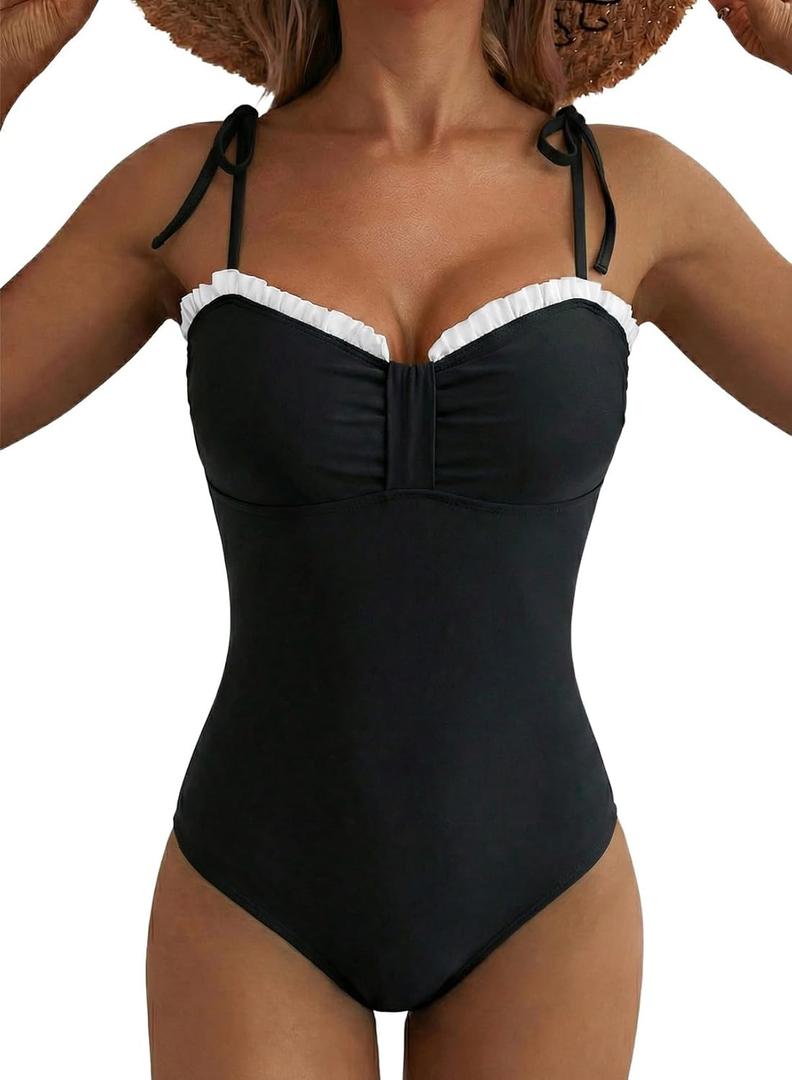 Herseas Womens Striped One Piece Swimsuits Tie Shoulder High Cut Tummy Control Bathing Suit 2026 Summer Beach Swimwear, Size Medium