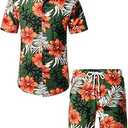 JOGAL Men's Flower Casual Button Down Short Sleeve Hawaiian Shirt Suits Small Green