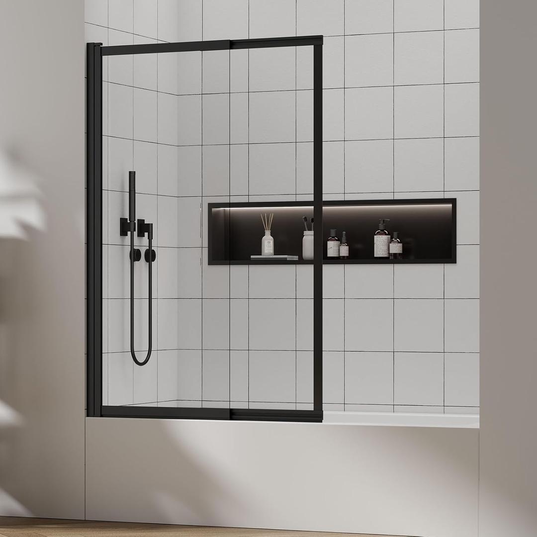 Bathtub Door 3/16 in (5mm) Tempered Glass Panel, Tub Shower Door Extendable 180 Foldable Hinged Bathtub Glass Door Screen with Easy-clean Coating (Matte Black, 44"W x 57"H)