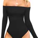 OQQ Bodysuits Womens Off-Shoulder Long Sleeve Seamless Shapewear Tops (Medium, Black)