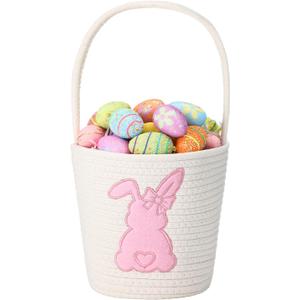 FoldTier Cute Easter Basket with Handle Empty Bunny Basket Large Woven Cotton Rope Gifts Buckets for Egg Hunts Baby's First Easter Baskets Gifts(Pink)